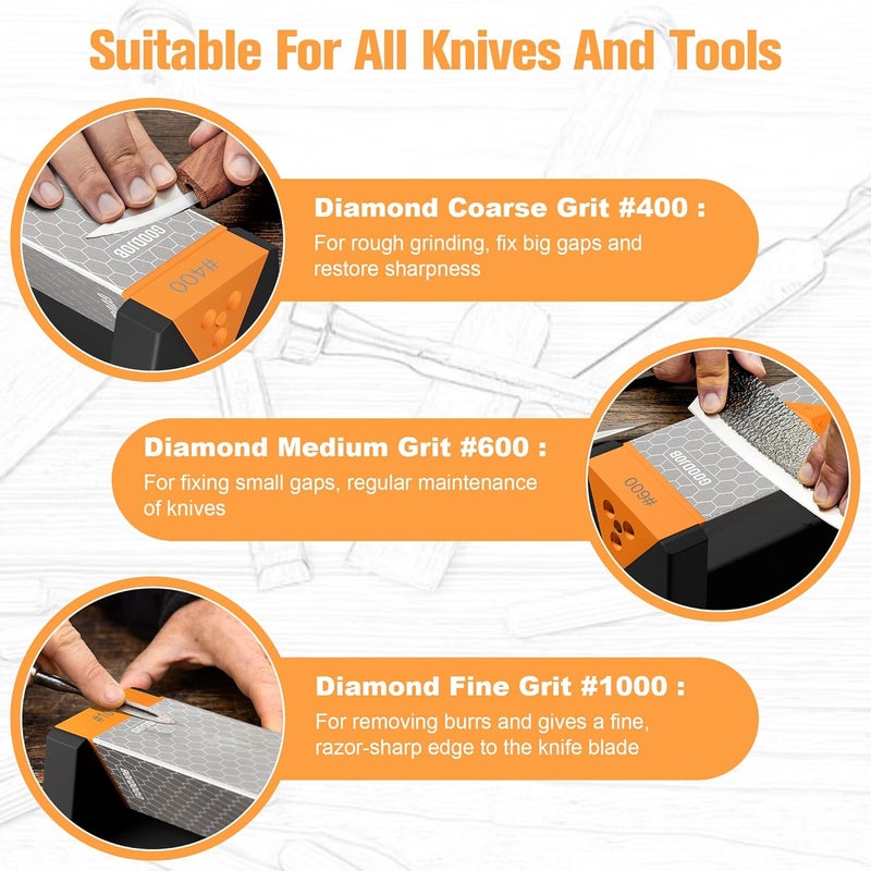 goodjob Extra Large Diamond Sharpening Stone Set 3 Side Grit 400/600/1000 Premium Industrial Diamond Knife Sharpener Suitable for Steel of any Hardness with Angle Guide and Non-Slip Base (GB-3DL) - Image 3